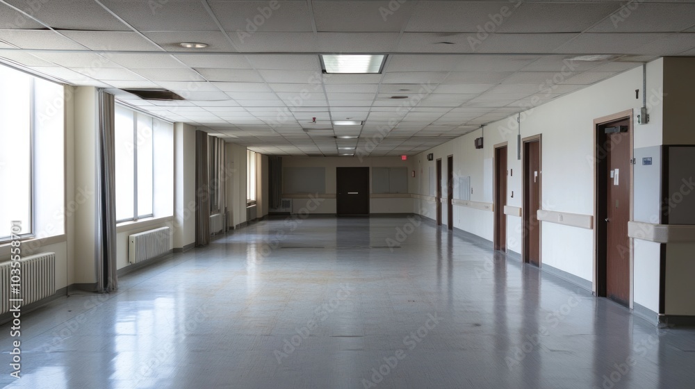Empty hospital office and department spaces, no activity Empty hospital office and department spaces, no activity