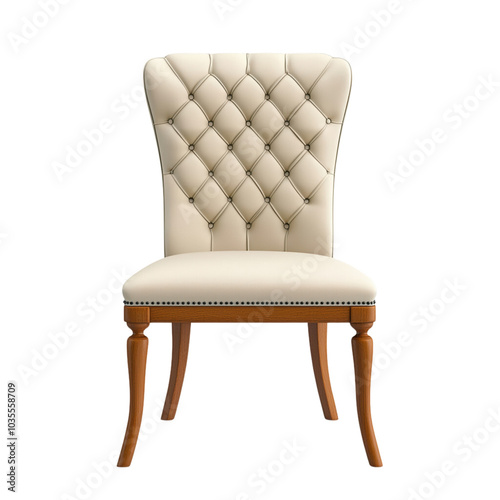 Elegant upholstered chair with tufted backrest and wooden legs, perfect for adding touch of sophistication to any interior space. 