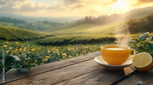 A Cup of Tea in a Lush Tea Plantation at Sunrise