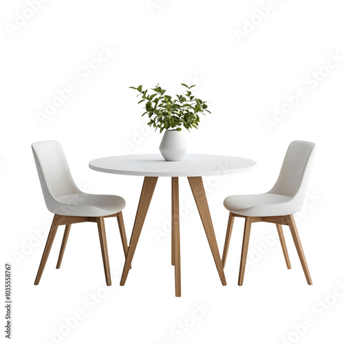 modern dining table set featuring round white table and two stylish chairs with wooden legs, complemented by decorative plant in vase, creating fresh and inviting atmosphere. 