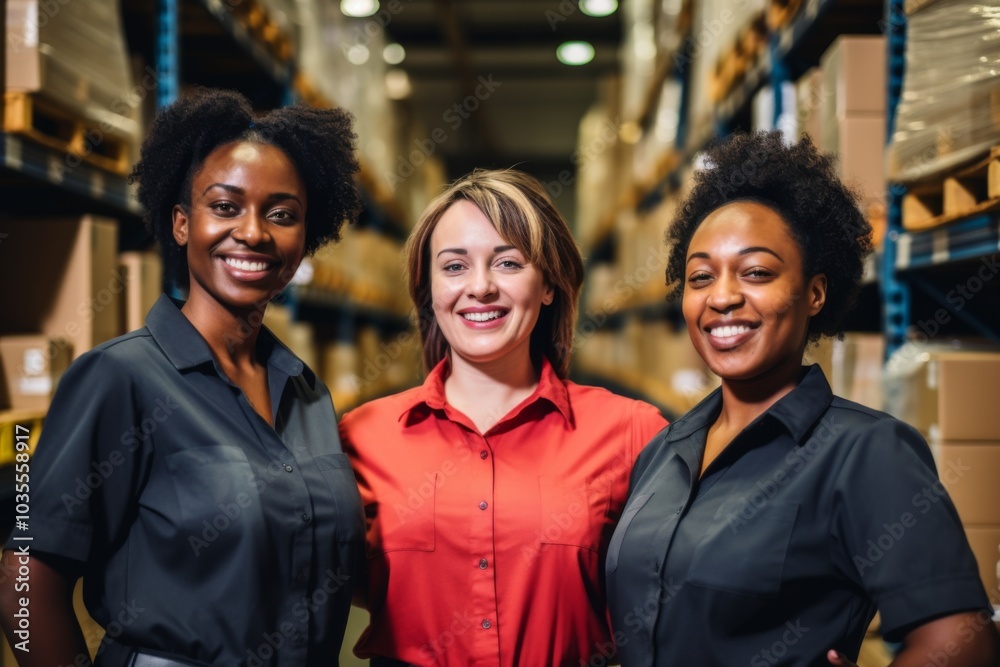 Smiling portrait of a diverse group of female warehouse workers Smiling portrait of a diverse group of female warehouse workers