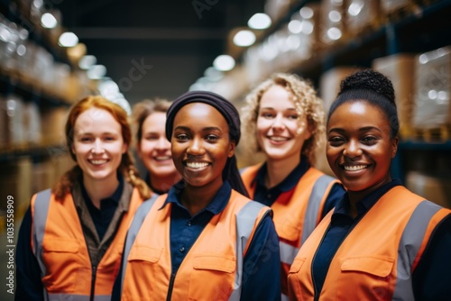 Smiling portrait of a diverse group of female warehouse workers