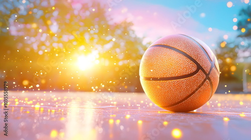 A basketball on the court, high-angle view, simple background, mobile wallpaper, high resolution, hyperrealistic.