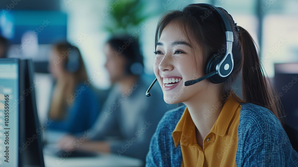 A group of smiling call center staff wearing headsets A group of smiling call center staff wearing headsets