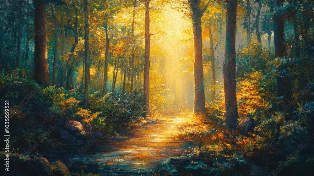 Obraz premium Forest Path With Sunbeams