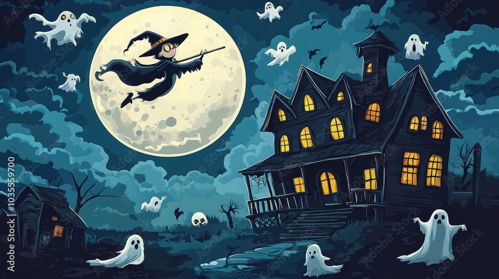 Witch Flying over the moon and haunted house with ghosts. Halloween Spooky Dark Background. 4K animation Halloween Background. Witch Flying over the moon and haunted house with ghosts. Halloween Spooky Dark Background. 4K animation Halloween Background.