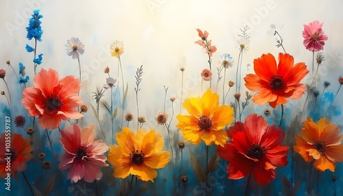 Artistic floral background featuring a vibrant arrangement of various flowers in shades of red, yellow, and blue, combining impressionistic brush strokes that create a sense of movement and depth.