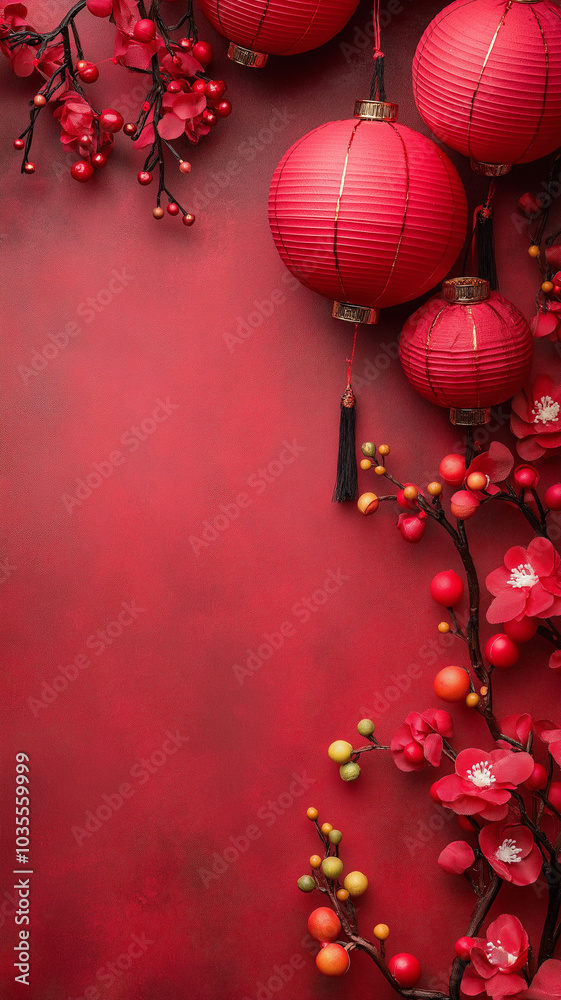 Festive Red Background with Lanterns and Blossoms Festive Red Background with Lanterns and Blossoms
