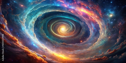 A swirling celestial vortex of vibrant nebulae and glittering stars, creating a mesmerizing cosmic landscape