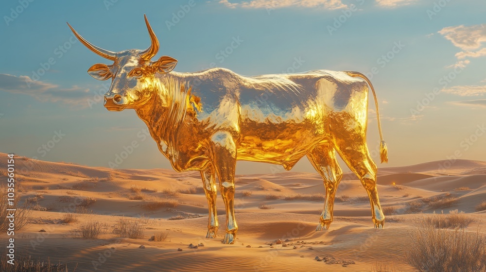 Golden Calf, as described in the Bible, standing majestically in a desert Golden Calf, as described in the Bible, standing majestically in a desert