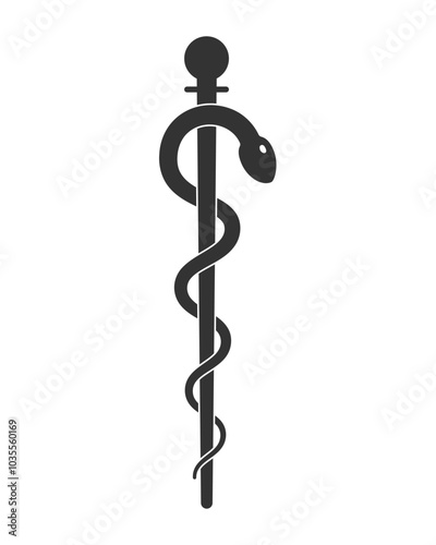 Staff of asclepius symbol. Caduceus sign. Snake around pole medical logo. Vector illustration image.