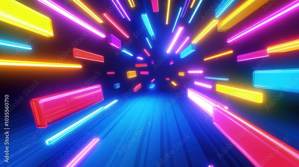 Obraz premium 3d abstract simple geometric background with multicolor rectangles like light bulbs flashing neon lights in 4k on blue plane.