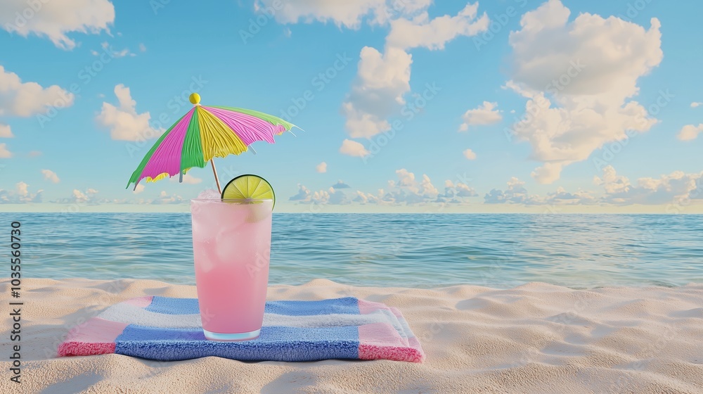 Tropical cocktail with a colorful umbrella and a slice of lime, sitting on a beach towel on the ocean in the background. Tropical cocktail with a colorful umbrella and a slice of lime, sitting on a beach towel on the ocean in the background.