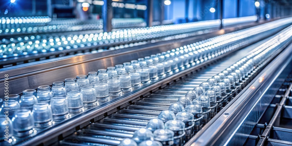 Fototapeta premium Glass containers moving on an industrial conveyor belt, showcasing the efficiency of modern manufacturing processes