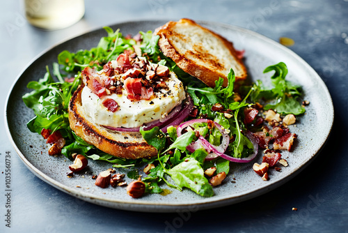 Goats cheese salad, served on a plat, restaurant serving, kitchen still life,