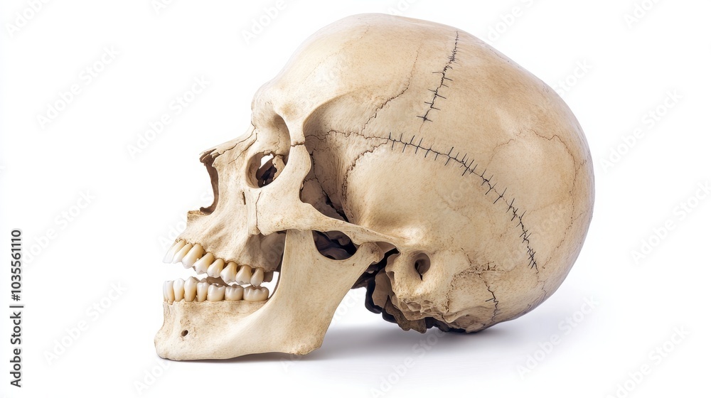 A side profile of the human skull, with detailed labeling of the cranial bones, jaw, and teeth, isolated on a white background A side profile of the human skull, with detailed labeling of the cranial bones, jaw, and teeth, isolated on a white background