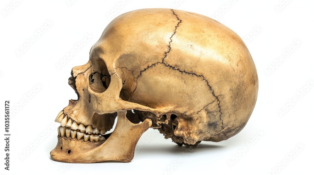 A side profile of the human skull, with detailed labeling of the cranial bones, jaw, and teeth, isolated on a white background A side profile of the human skull, with detailed labeling of the cranial bones, jaw, and teeth, isolated on a white background