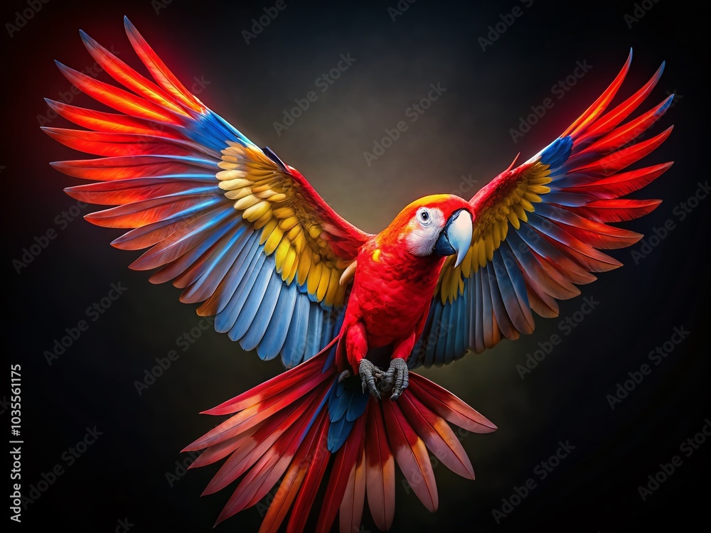Obraz premium Stunning Long Exposure of a Vibrant Red Macaw with Colorful Feathers Spreading Wings in Dark Background