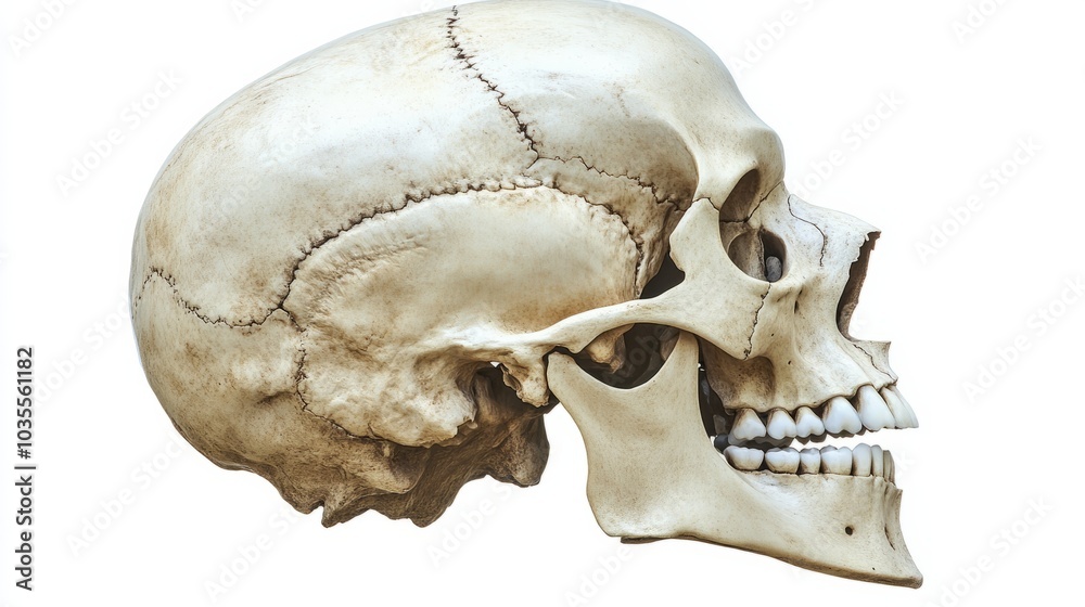 Fototapeta premium A side profile of the human skull, with detailed labeling of the cranial bones, jaw, and teeth, isolated on a white background 
