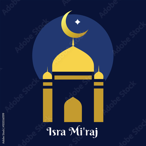 Isra Mi'raj with Crescent Moon and Mosque vector and illustration