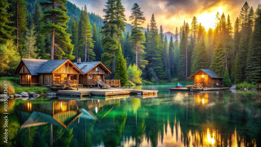 Obraz premium Serene lakeside cabins nestled amidst towering pines with the sun casting its warm glow on the tranquil waters.