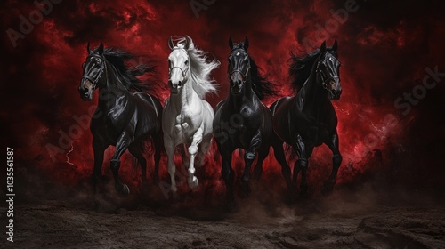 Four Horsemen of the Apocalypse depicted with white for conquest, red for war, black for pestilence or famine, and pale for death against a stark black desert landscape.