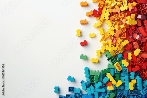 Colorful Plastic Building Blocks Scattered on White Background