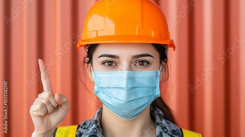 Safety first young female construction worker wearing hard hat and mask emphasizes importance of health protocols on job site photo