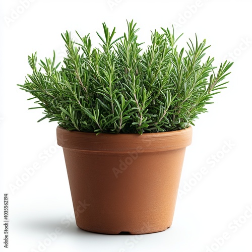 Potted Rosemary Plant with Green Leaves and Brown Pot