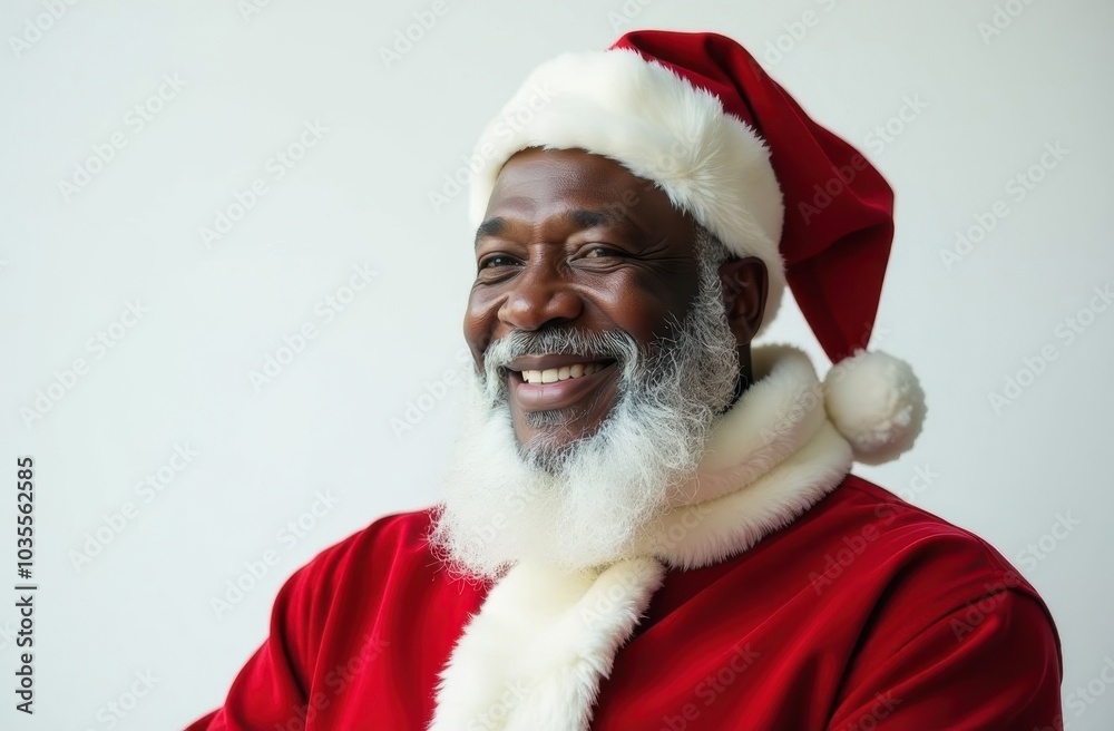 Portrait of a happy African American santa claus on a white background, christmas and new year concept Portrait of a happy African American santa claus on a white background, christmas and new year concept