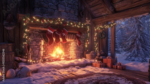 Snowy cabin retreat featuring a glowing fireplace decorated with Christmas stockings and pine garlands.