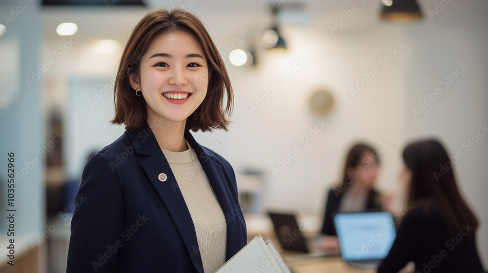 A photo of young Japanese woman standing in an office A photo of young Japanese woman standing in an office