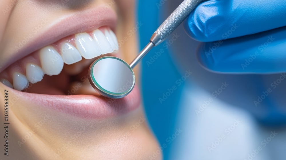 Dental Check-Up: A dentist examining a patient's teeth with a mirror, with a focus on the patience relaxed smile Dental Check-Up: A dentist examining a patient's teeth with a mirror, with a focus on the patience relaxed smile