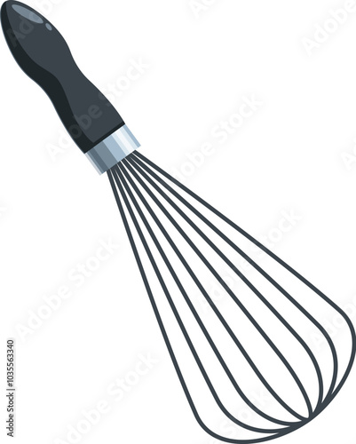Modern metal whisk showing cooking utensil with black handle