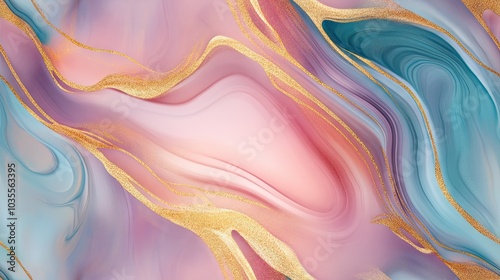 Wallpaper Mural This abstract artwork features a blend of pastel and aqua hues with shimmering gold accents, creating a sense of luxury and tranquility on a textured canvas. Torontodigital.ca