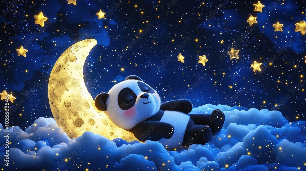 Fototapeta premium A 3D render of a cute kawaii panda lying on the moon, under a starry night sky