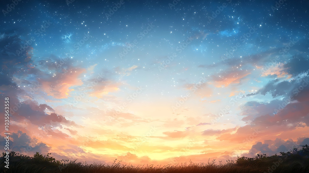 Fototapeta premium A serene sunset over a tranquil landscape illuminated by stars and colorful clouds in the dusk sky