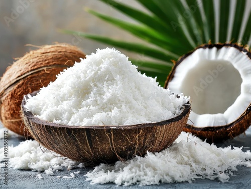 Freshly grated coconut forming snowy mound photo