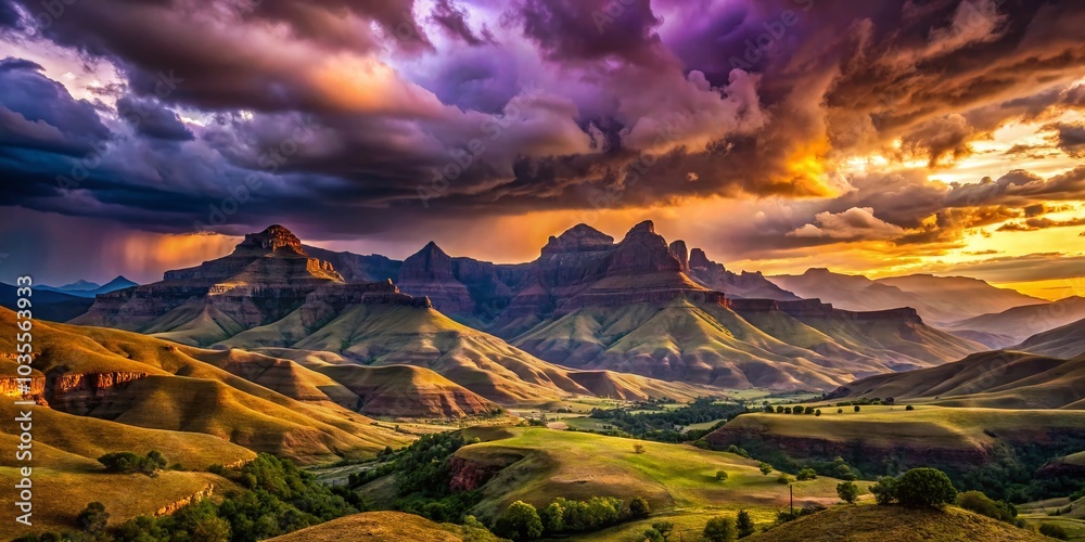 Stunning Mountain Landscape Under Stormy Purple Sky at Sunset in Clarens, South Africa Stunning Mountain Landscape Under Stormy Purple Sky at Sunset in Clarens, South Africa