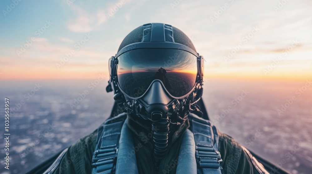 Close-up of a fighter jet cockpit, pilot looking out over a sunset horizon Close-up of a fighter jet cockpit, pilot looking out over a sunset horizon