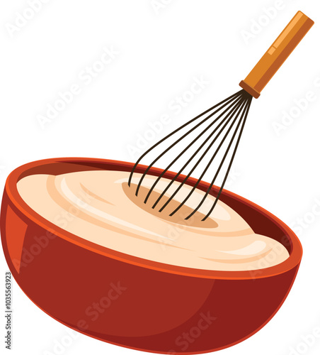 Metal whisk is mixing dough in a ceramic bowl for baking