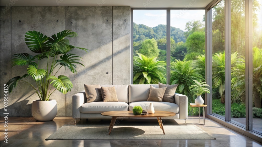 Obraz premium A contemporary living space with a white sofa, a wooden coffee table, and a large potted plant, showcasing a view of lush greenery through a large window.