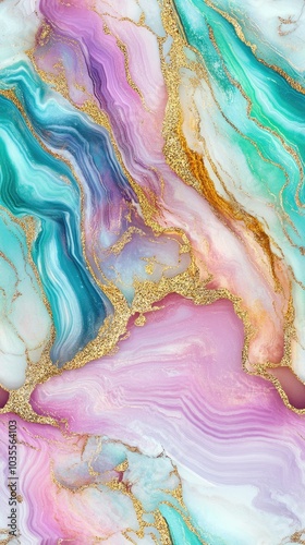 Wallpaper Mural This abstract artwork features a blend of pastel and aqua hues with shimmering gold accents, creating a sense of luxury and tranquility on a textured canvas. Torontodigital.ca