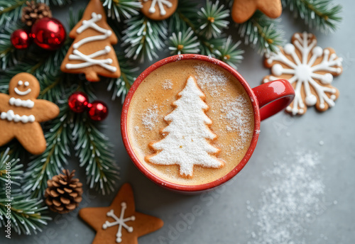 Christmas background, gingerbread cookies coffee cup spruce branches snow balls, top view