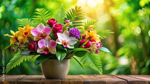 A beautiful vase filled with a variety of exotic tropical flowers including orchids and hibiscus arranged on a lush green fern background, fern, exotic blooms, tropical flowers photo