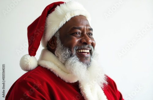 Portrait of a happy African American santa claus on a white background, christmas and new year concept