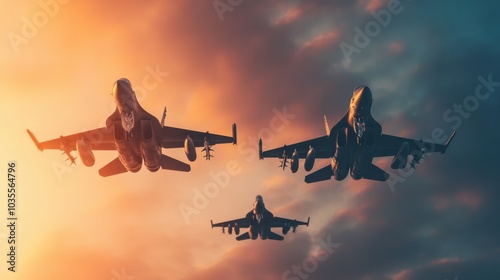 US jets flying in a military parade, dramatic sky backdrop