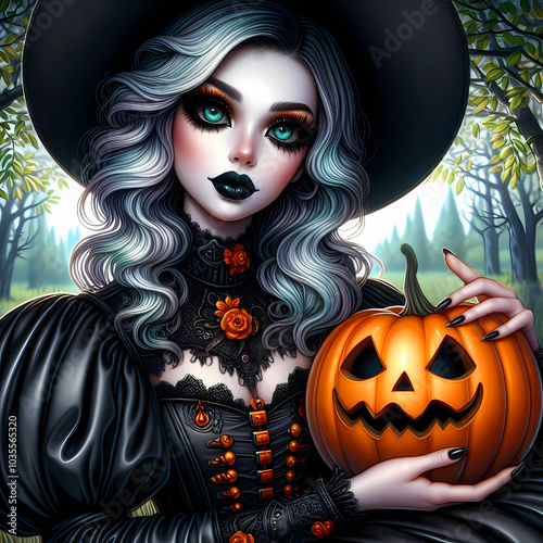 Halloween witch silver hair orange embroidered dress black lips holding a jackolantern cartoon