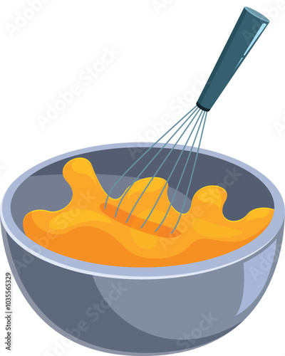 Metal whisk is mixing orange dough in a metallic bowl, suggesting baking activities