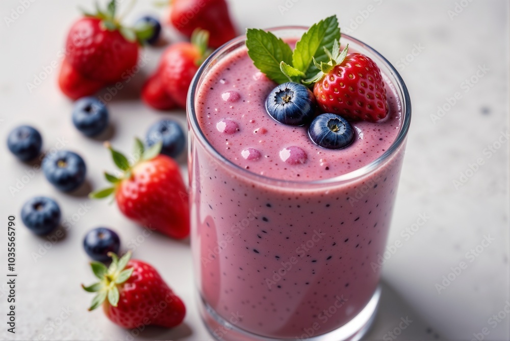 A glass of strawberry and blueberry smoothie on a table